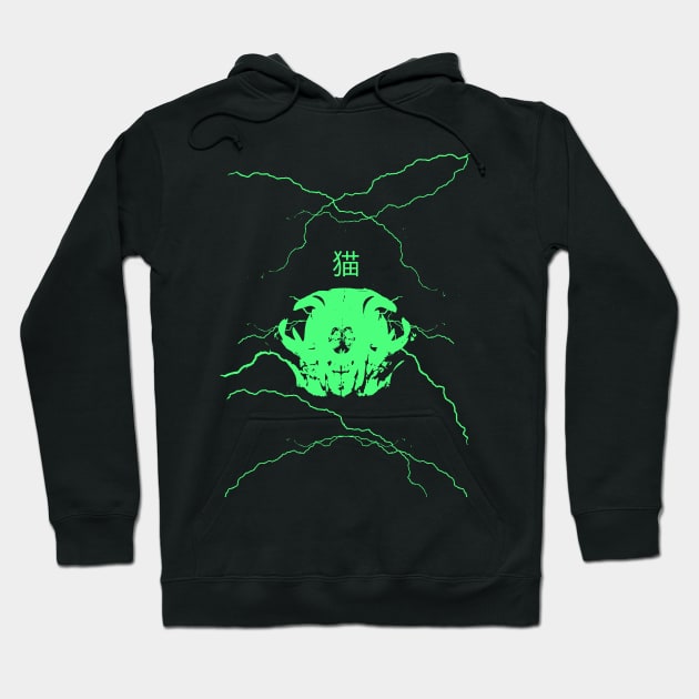 猫 Dark Neko Skull Neon Green Cyber Punk Clothing Aesthetic Hoodie by GRUEICE